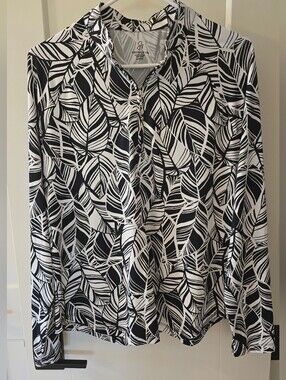 NWOT Emerald 18 Black & White Leaf-Print Zip-Front Blouse Size L